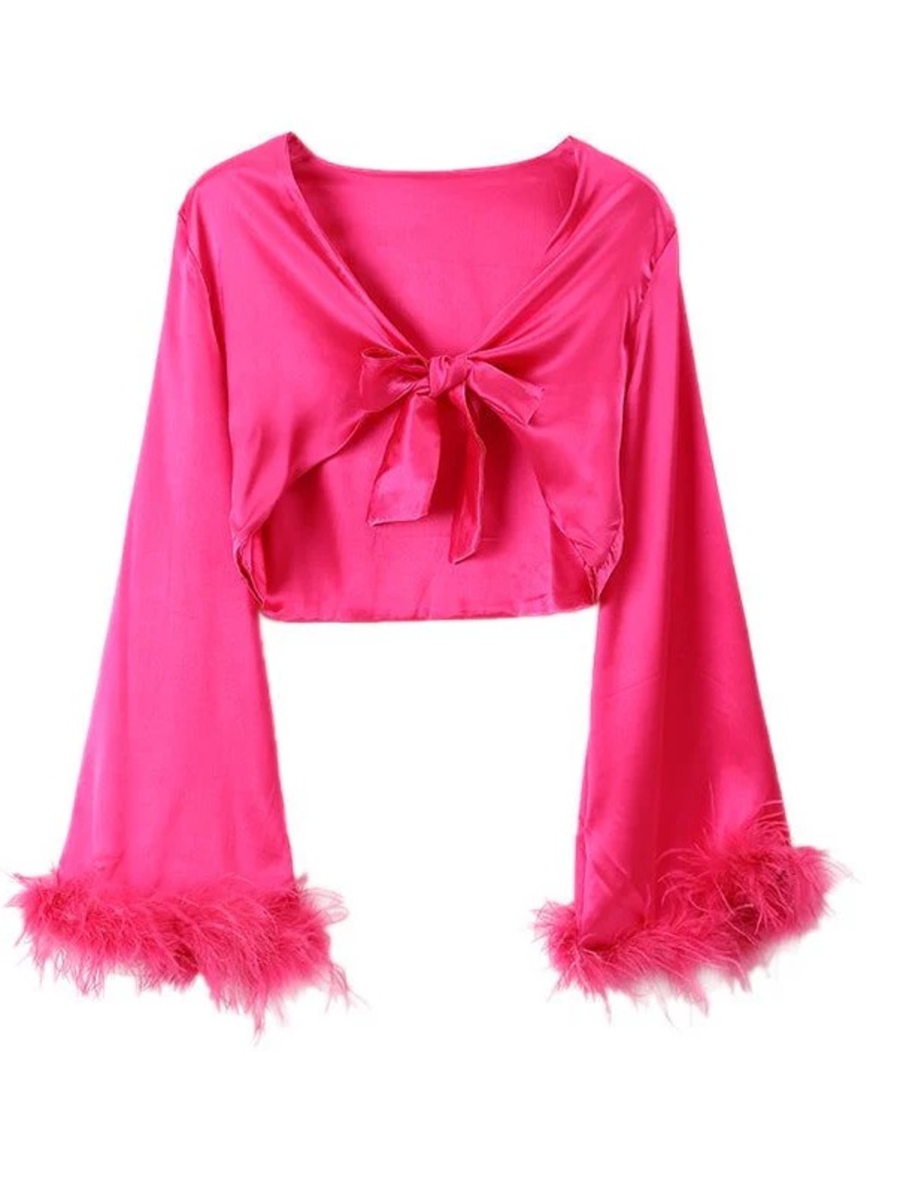 White Fox Boutique Pink Satin Tie Front Feather Sleeve Crop Top Size Small